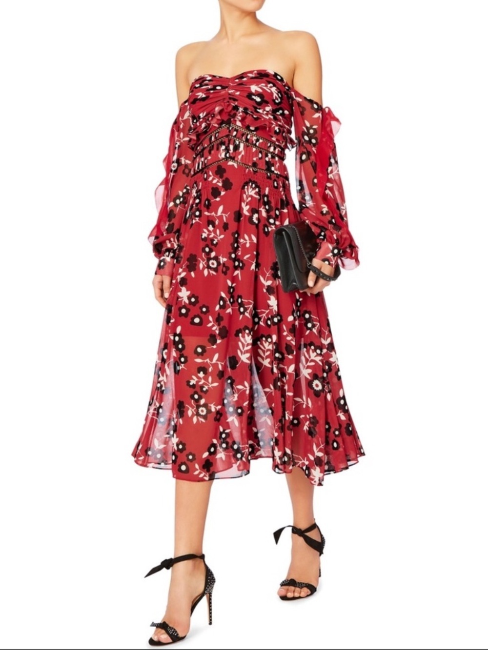 Self-Portrait Floral Print Strapless Dress Red Midi